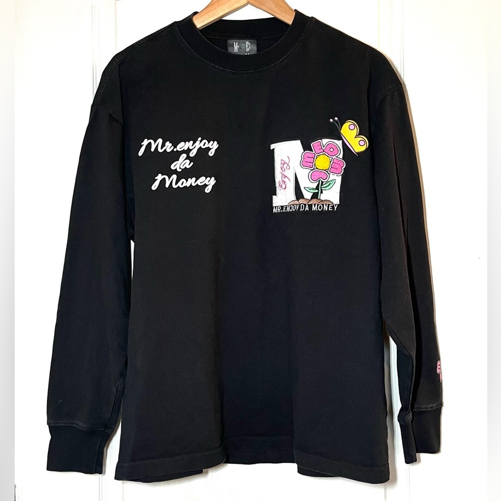 MEDM Mr. Enjoy Da Money Black Flower Long Sleeve T-Shirt Hip Hop Streetwear Sz S
